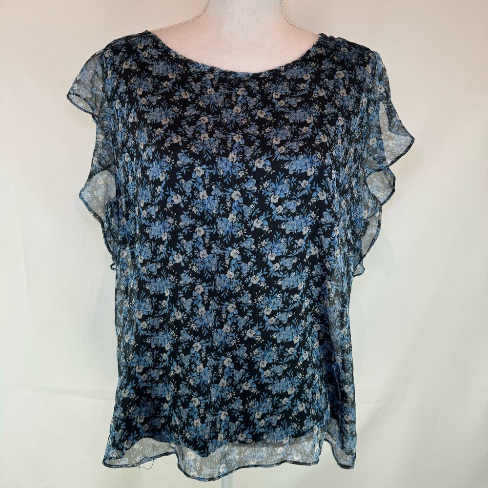 Vince Camuto Women's Blue Floral Flutter Sleeve with Tank Underlay Top Blouse L